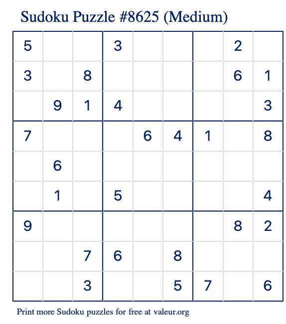 Free Printable Medium Sudoku Puzzle number 8625