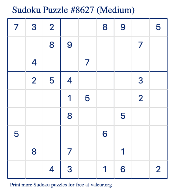 Free Printable Medium Sudoku Puzzle number 8627