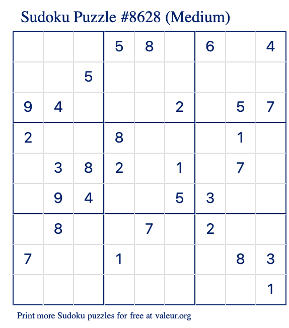 Free Printable Medium Sudoku Puzzle number 8628