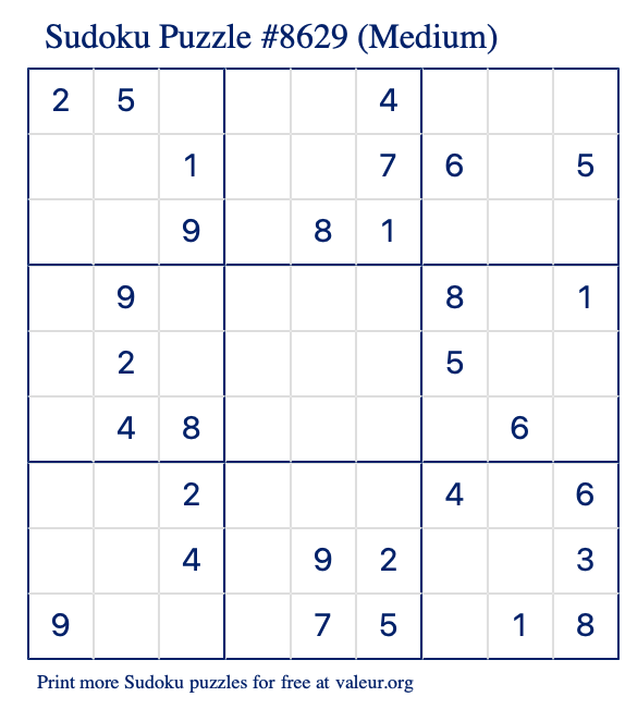 Free Printable Medium Sudoku Puzzle number 8629