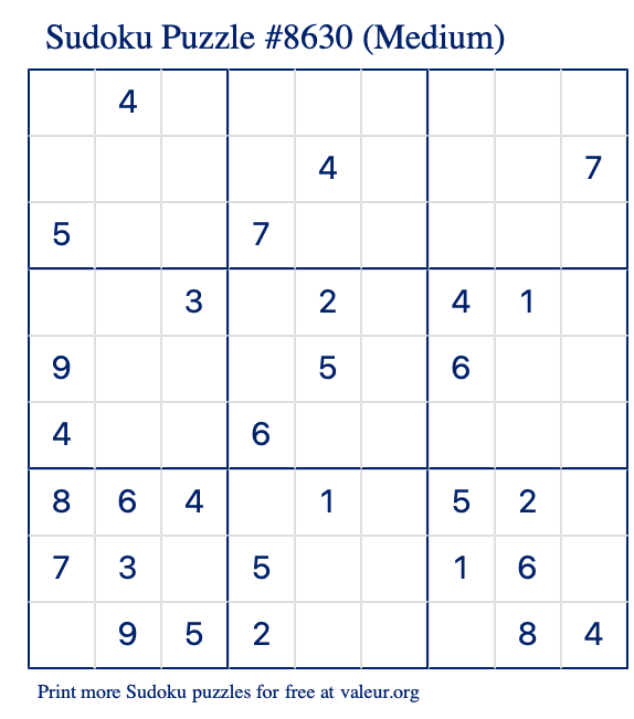 Free Printable Medium Sudoku Puzzle number 8630