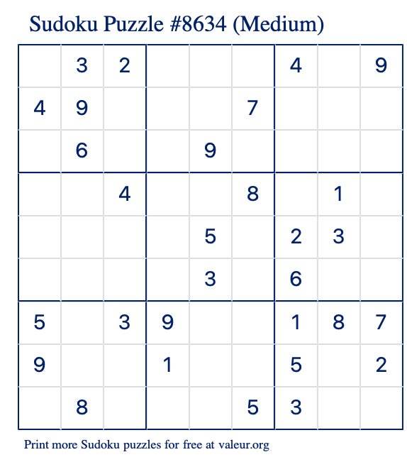 Free Printable Medium Sudoku Puzzle number 8634
