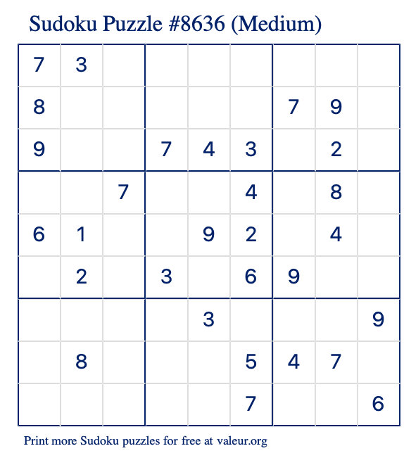Free Printable Medium Sudoku Puzzle number 8636