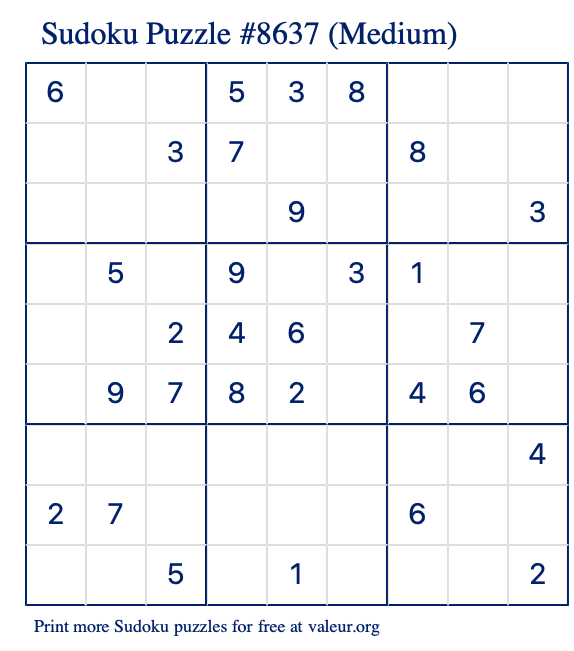 Free Printable Medium Sudoku Puzzle number 8637