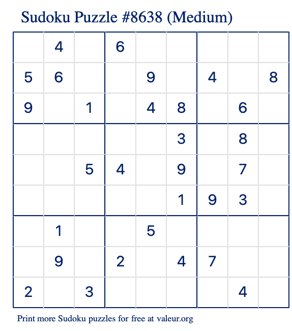 Free Printable Medium Sudoku Puzzle number 8638