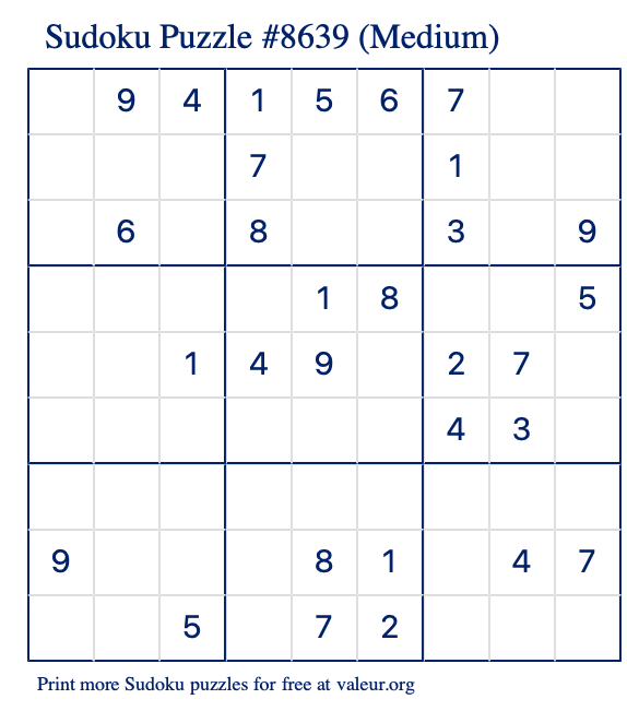 Free Printable Medium Sudoku Puzzle number 8639