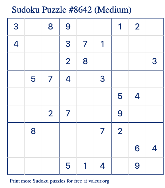 Free Printable Medium Sudoku Puzzle number 8642