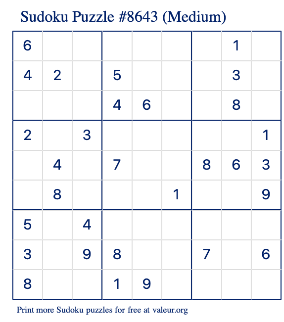 Free Printable Medium Sudoku Puzzle number 8643