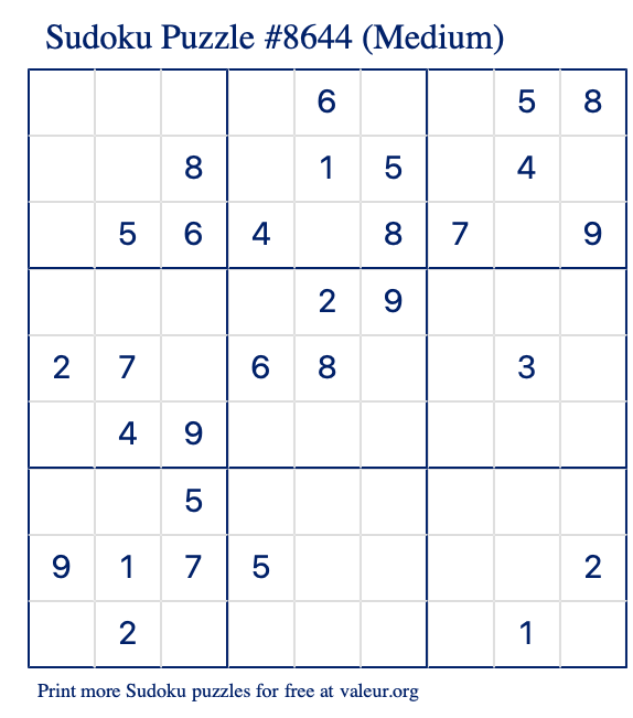 Free Printable Medium Sudoku Puzzle number 8644