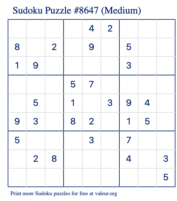 Free Printable Medium Sudoku Puzzle number 8647