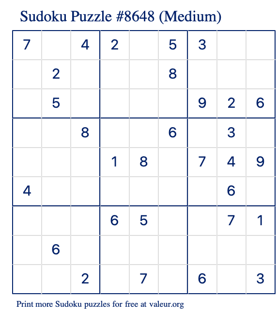 Free Printable Medium Sudoku Puzzle number 8648