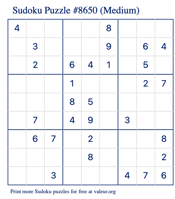 Free Printable Medium Sudoku Puzzle number 8650
