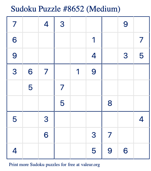 Free Printable Medium Sudoku Puzzle number 8652