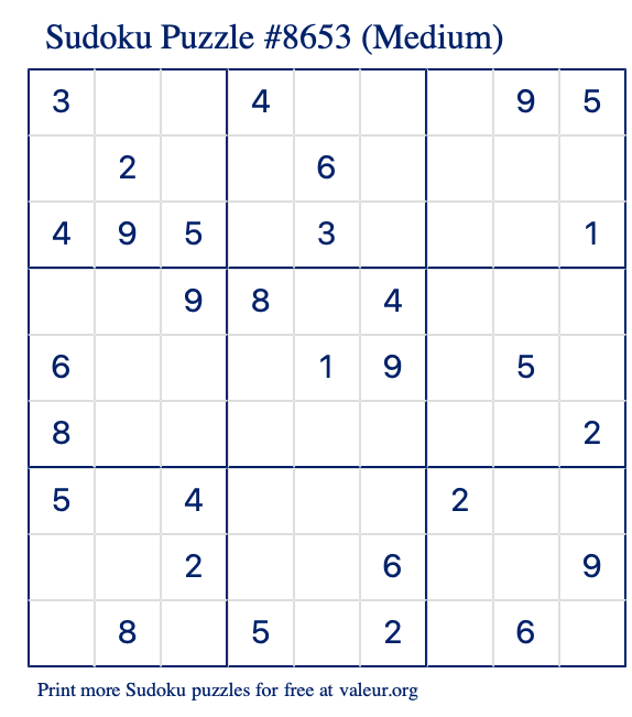 Free Printable Medium Sudoku Puzzle number 8653