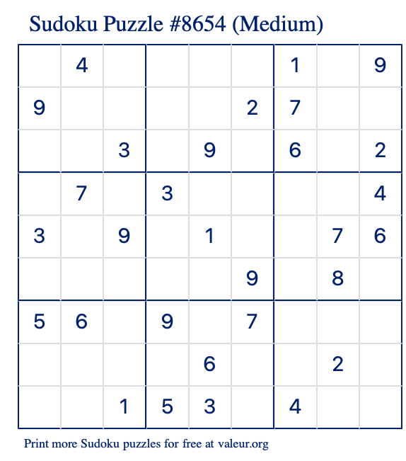 Free Printable Medium Sudoku Puzzle number 8654