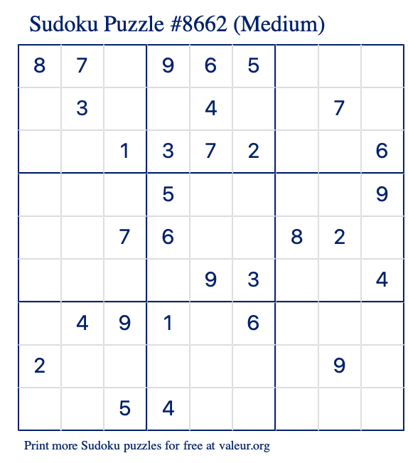 Free Printable Medium Sudoku Puzzle number 8662