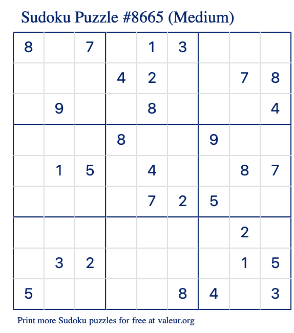 Free Printable Medium Sudoku Puzzle number 8665