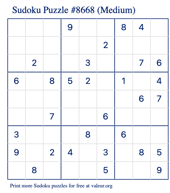 Free Printable Medium Sudoku Puzzle number 8668