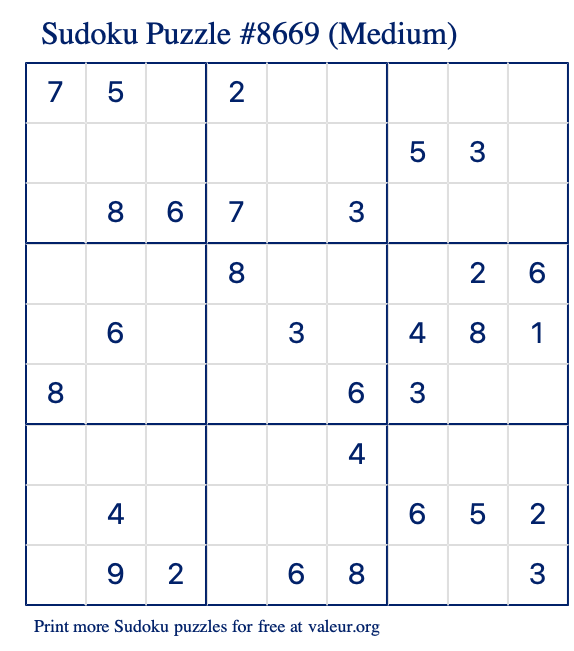 Free Printable Medium Sudoku Puzzle number 8669