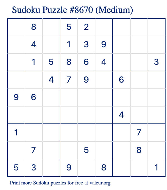 Free Printable Medium Sudoku Puzzle number 8670
