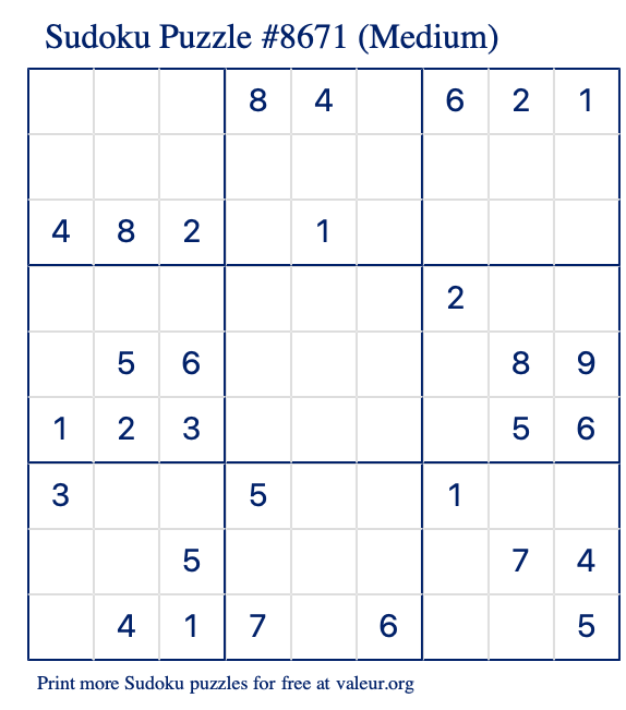 Free Printable Medium Sudoku Puzzle number 8671