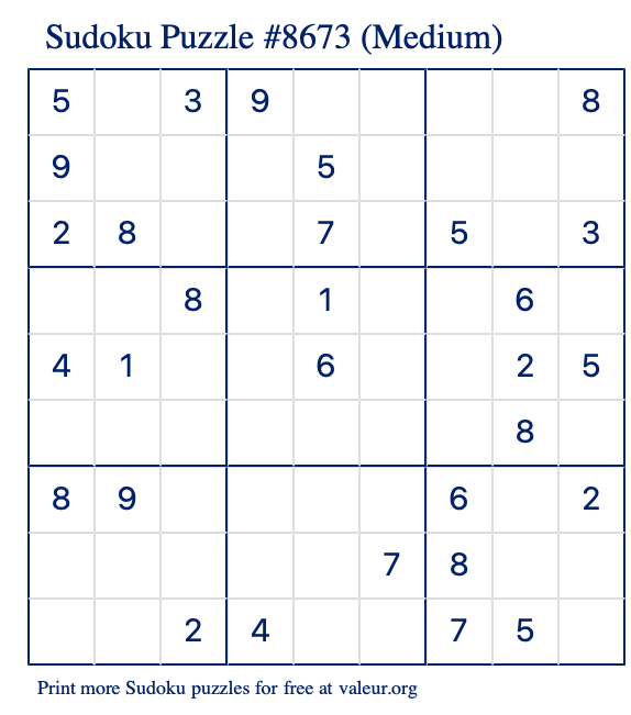 Free Printable Medium Sudoku Puzzle number 8673