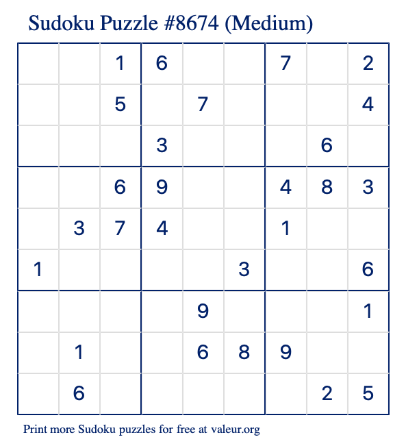 Free Printable Medium Sudoku Puzzle number 8674