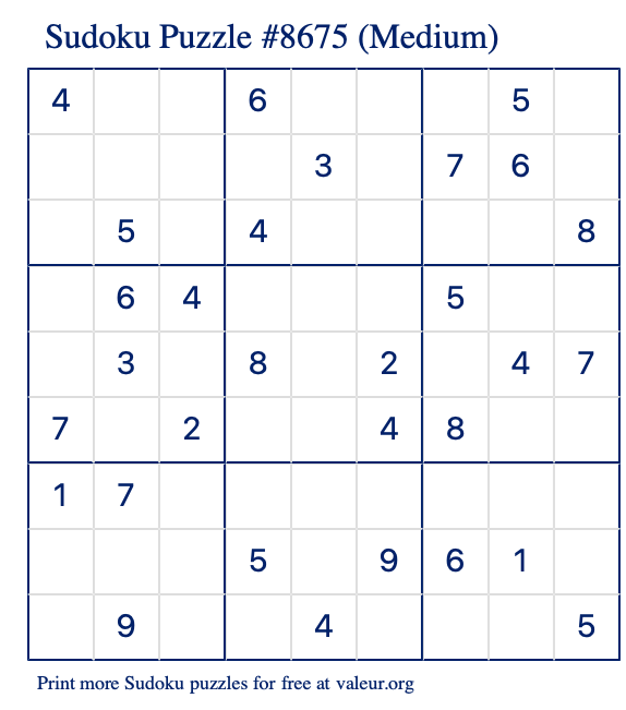 Free Printable Medium Sudoku Puzzle number 8675