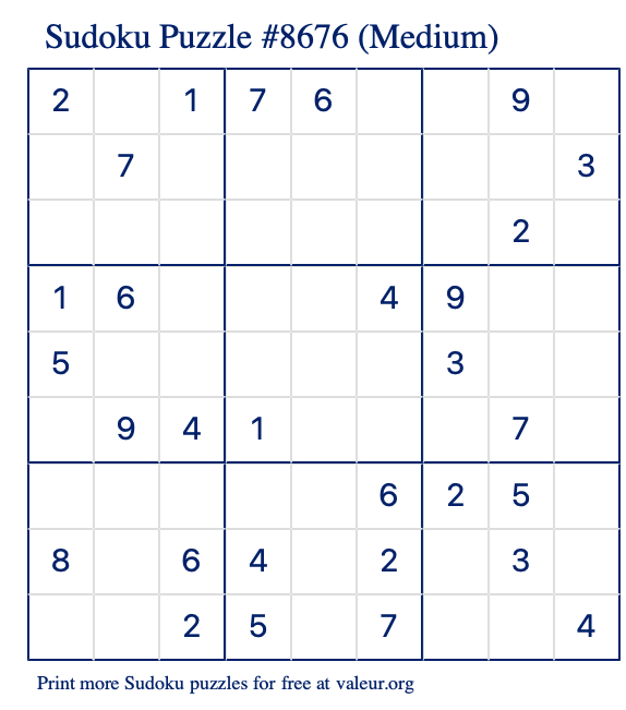 Free Printable Medium Sudoku Puzzle number 8676