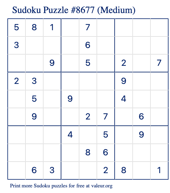 Free Printable Medium Sudoku Puzzle number 8677