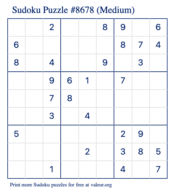 Free Printable Medium Sudoku Puzzle number 8678