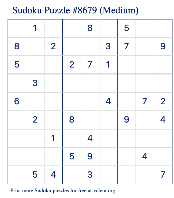 Free Printable Medium Sudoku Puzzle number 8679