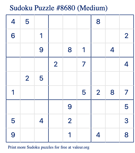 Free Printable Medium Sudoku Puzzle number 8680