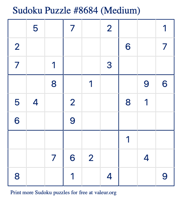 Free Printable Medium Sudoku Puzzle number 8684