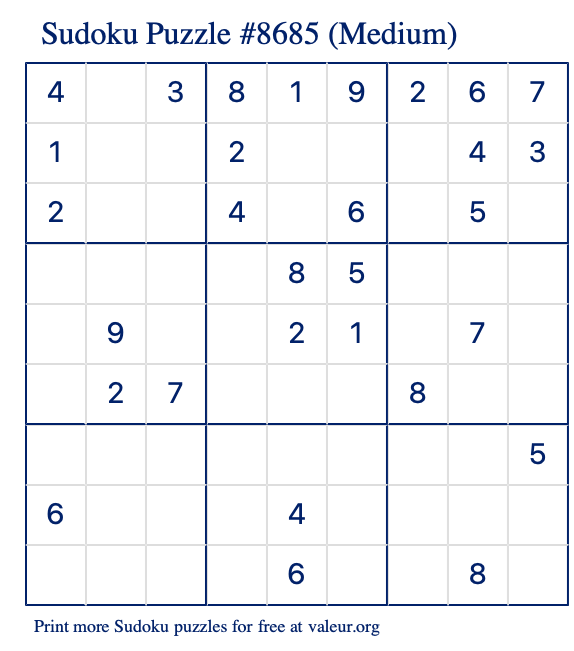 Free Printable Medium Sudoku Puzzle number 8685