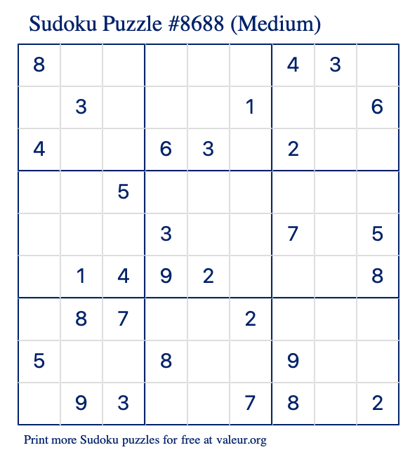 Free Printable Medium Sudoku Puzzle number 8688