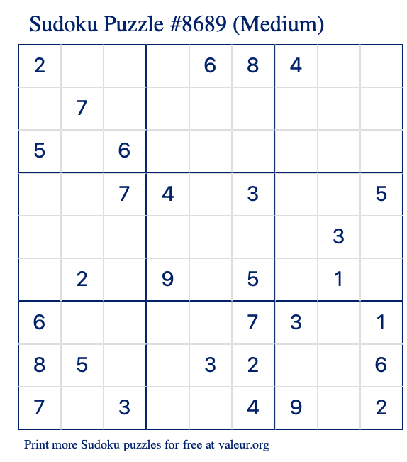 Free Printable Medium Sudoku Puzzle number 8689