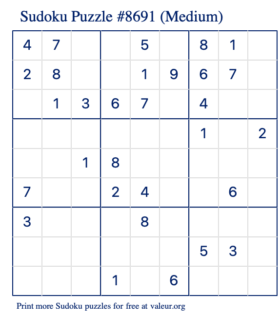 Free Printable Medium Sudoku Puzzle number 8691