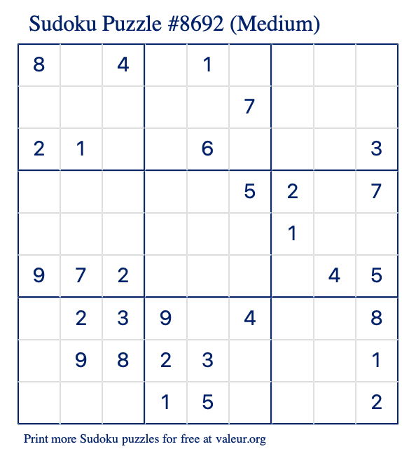 Free Printable Medium Sudoku Puzzle number 8692