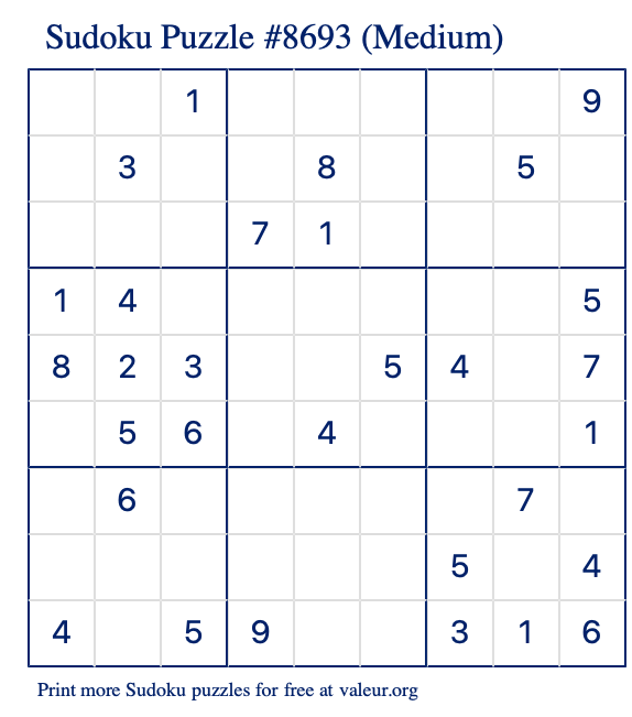 Free Printable Medium Sudoku Puzzle number 8693