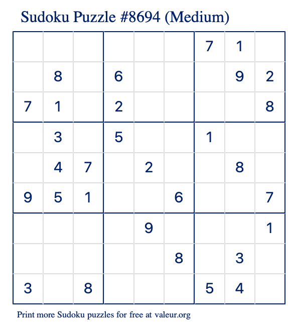 Free Printable Medium Sudoku Puzzle number 8694