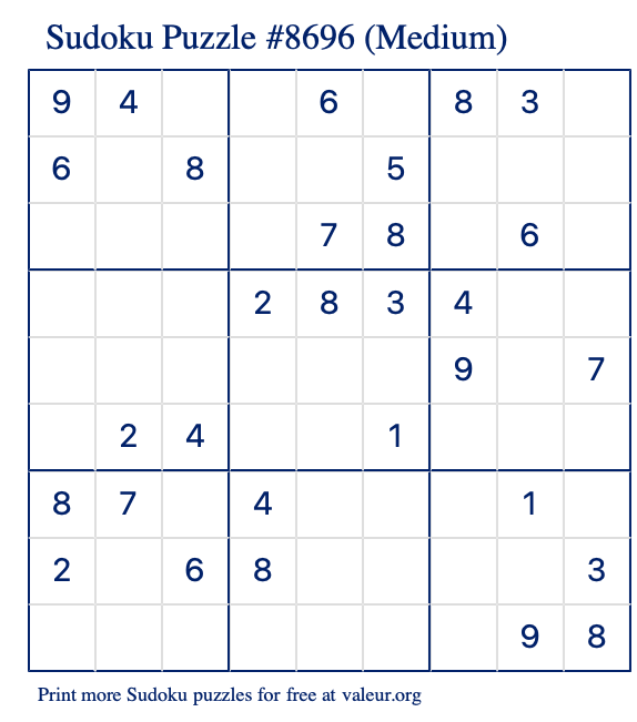 Free Printable Medium Sudoku Puzzle number 8696