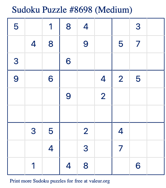 Free Printable Medium Sudoku Puzzle number 8698