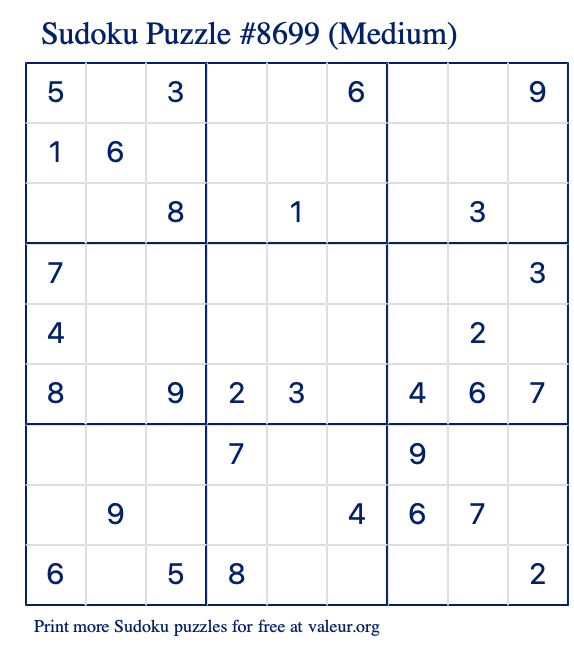 Free Printable Medium Sudoku Puzzle number 8699