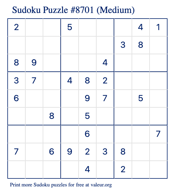 Free Printable Medium Sudoku Puzzle number 8701