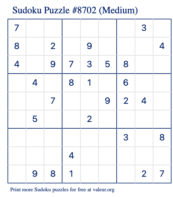 Free Printable Medium Sudoku Puzzle number 8702