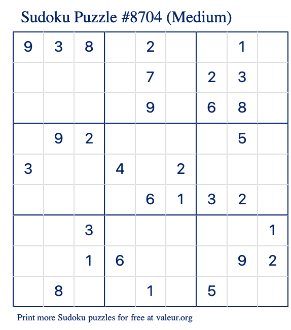 Free Printable Medium Sudoku Puzzle number 8704