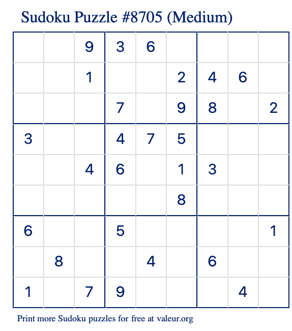 Free Printable Medium Sudoku Puzzle number 8705
