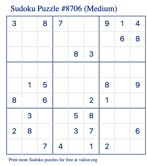 Free Printable Medium Sudoku Puzzle number 8706