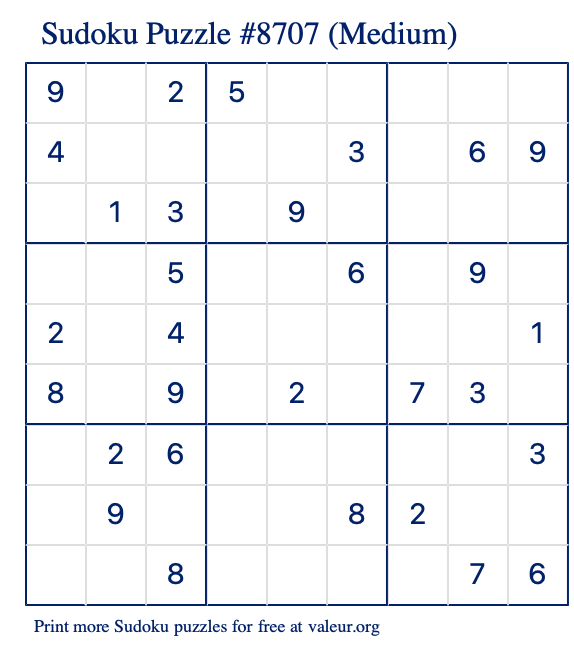 Free Printable Medium Sudoku Puzzle number 8707